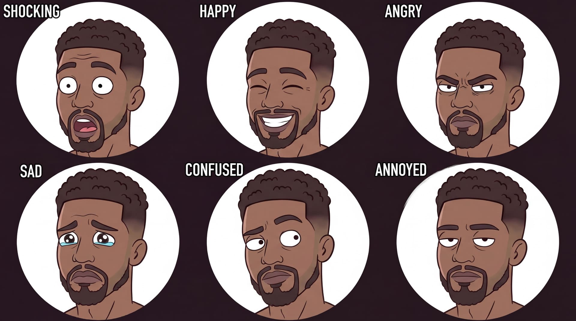 AI generated: create a different facial expressions. Character sheet. Shocking, Happy, Angry, Sad, Confused and mo...