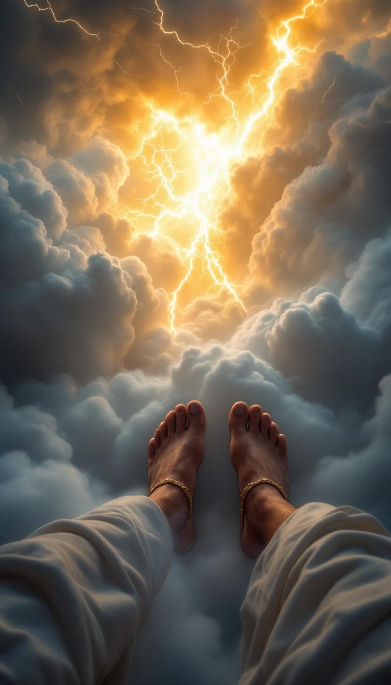 AI generated: first person POV, hands and golden sandaled feet through thunderclouds swirl violently below, lightn...