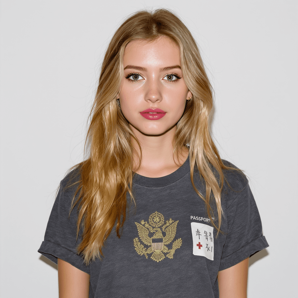 AI generated: skinny blonde teen beautiful make up passport photo tshirt