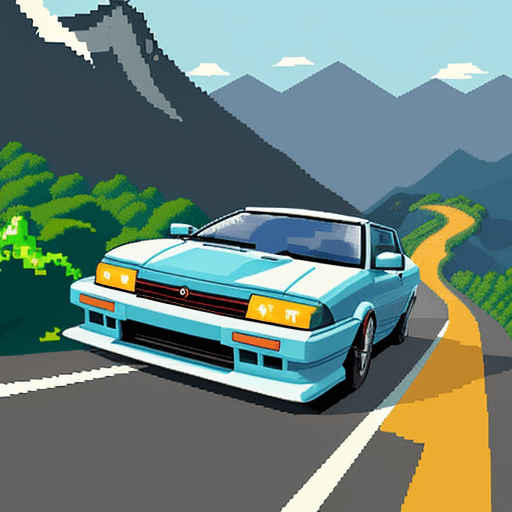 AI generated: 2D pixel art concept depicting a modified Japanese car drifting downhill through mountains. Utilize ...