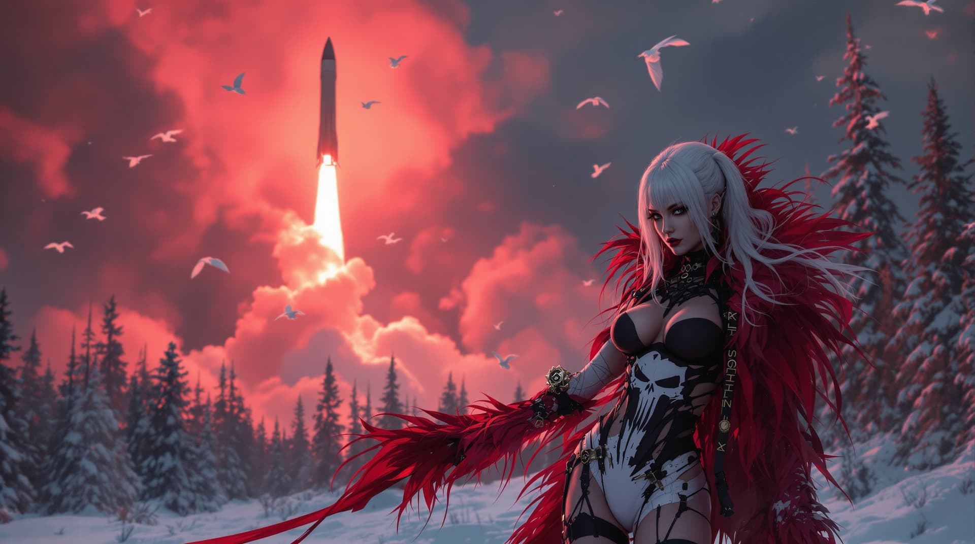 AI generated: Ultra realistic, far mid body photo of a so hot sensuous stylish goth women in snowy winter skimpy p...