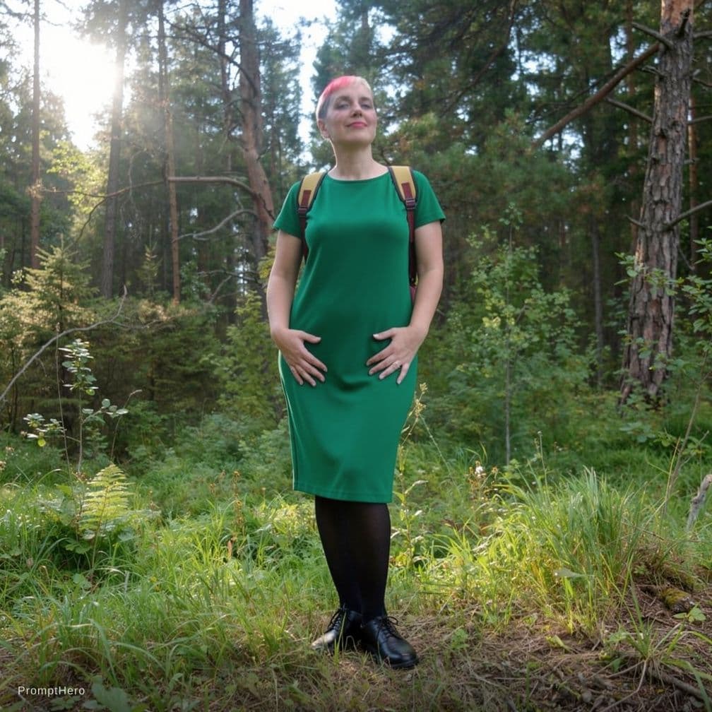 AI generated: photorealistic, all body, full body, 40 year old woman, green bikini, black stockings