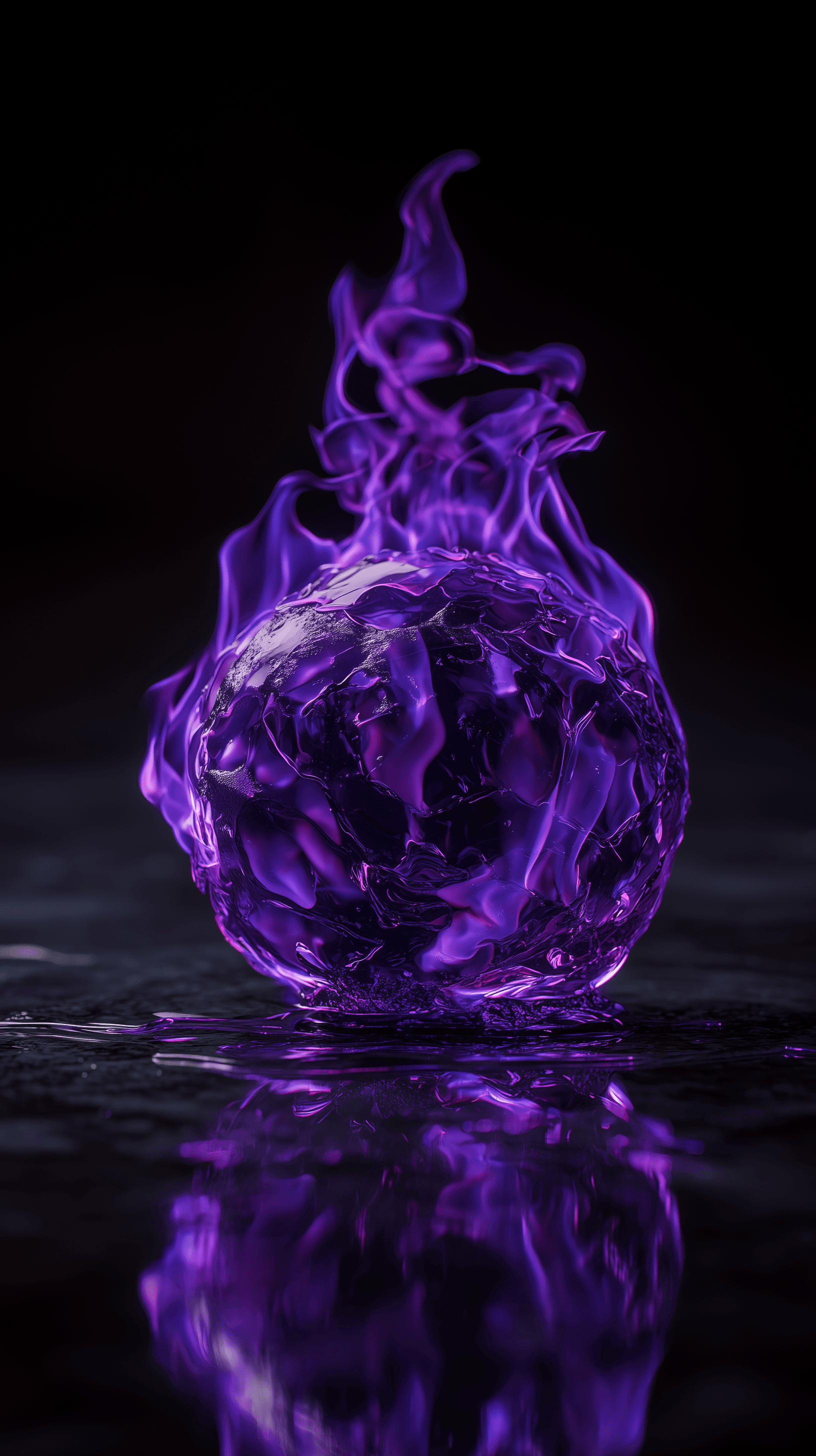 AI generated: photography, intense fluorescent glow violet color fire blazing ice sphere, purple flame, melting ic...