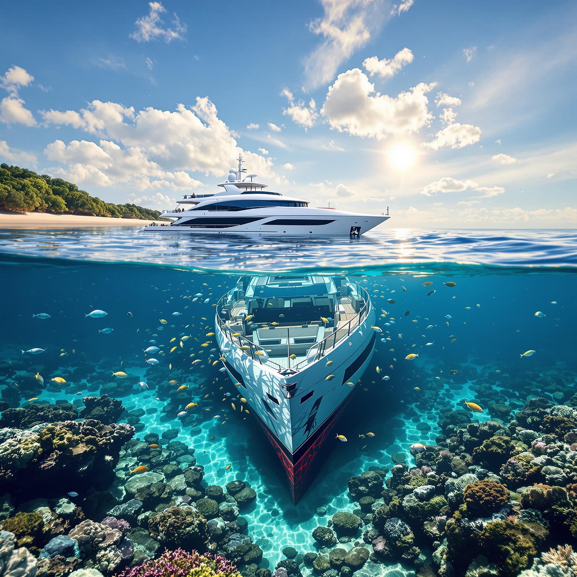 AI generated: Cinematic scene, high definition, luxury super yacht sinking in crystal clear water, split over and ...