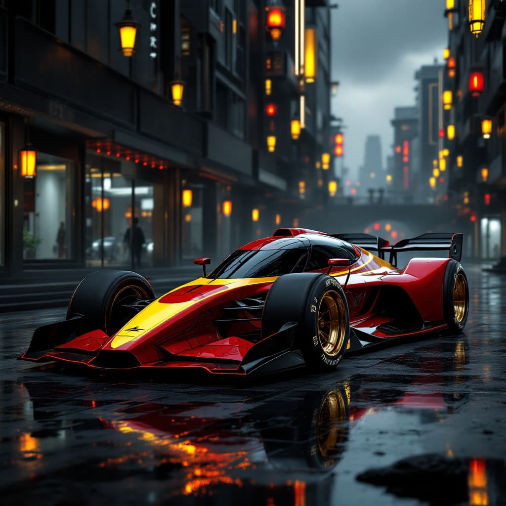 AI generated: Futuristic 3D 4K Large Widebody, flat black red yellow paint, a futuristic 3D racecar with a long bo...
