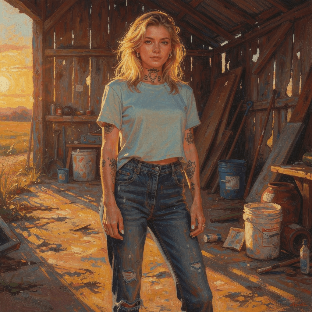 AI generated: Abstract style A woman with sun-kissed skin and tousled blonde hair stands inside a cluttered barn. ...
