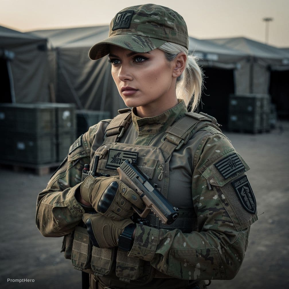AI generated: A platinum haired military woman with a stern look, holding the sig sauer p320 with her hands, in a ...