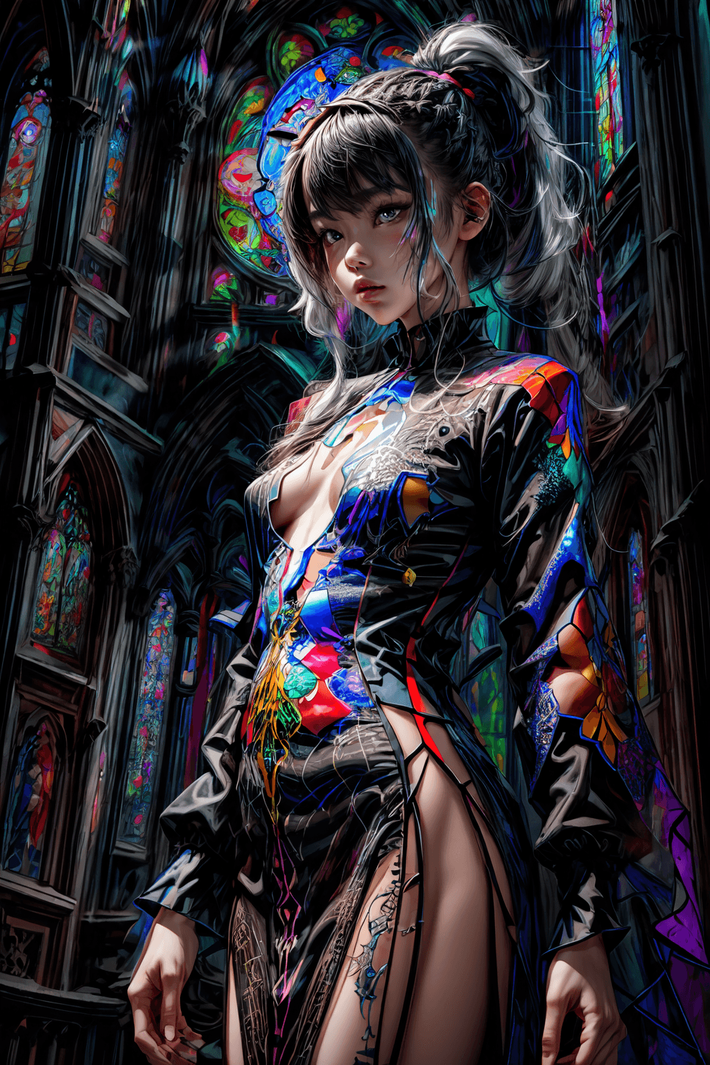 AI generated: (stained glass dress:1.5), blacklight, (beautiful young Korean woman, with white hair in a braided p...