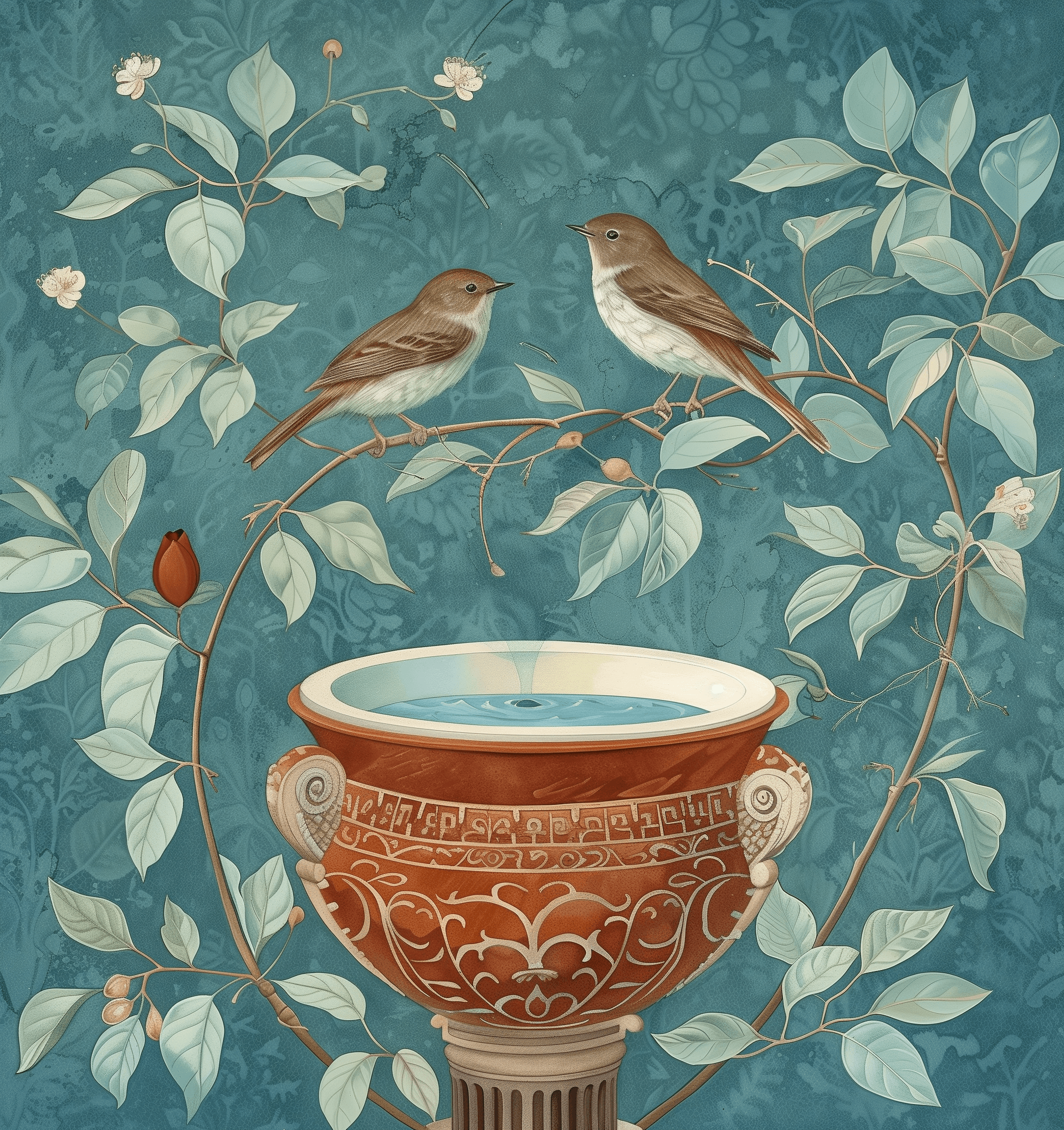 AI generated: A fresco painting of two birds perched on the branches above an ancient Roman water fountain, with l...
