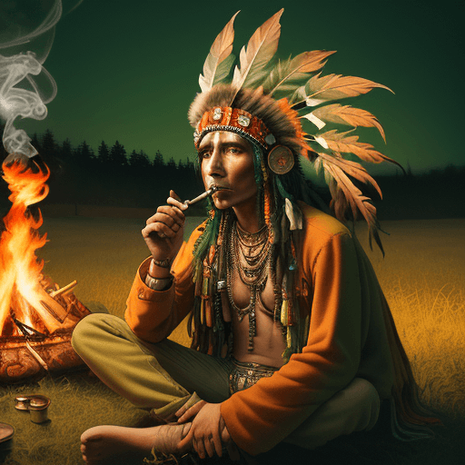 AI generated: High-resolution photograph of a psychedelic scene, indian chief with a cannabis headdress, smoking a...
