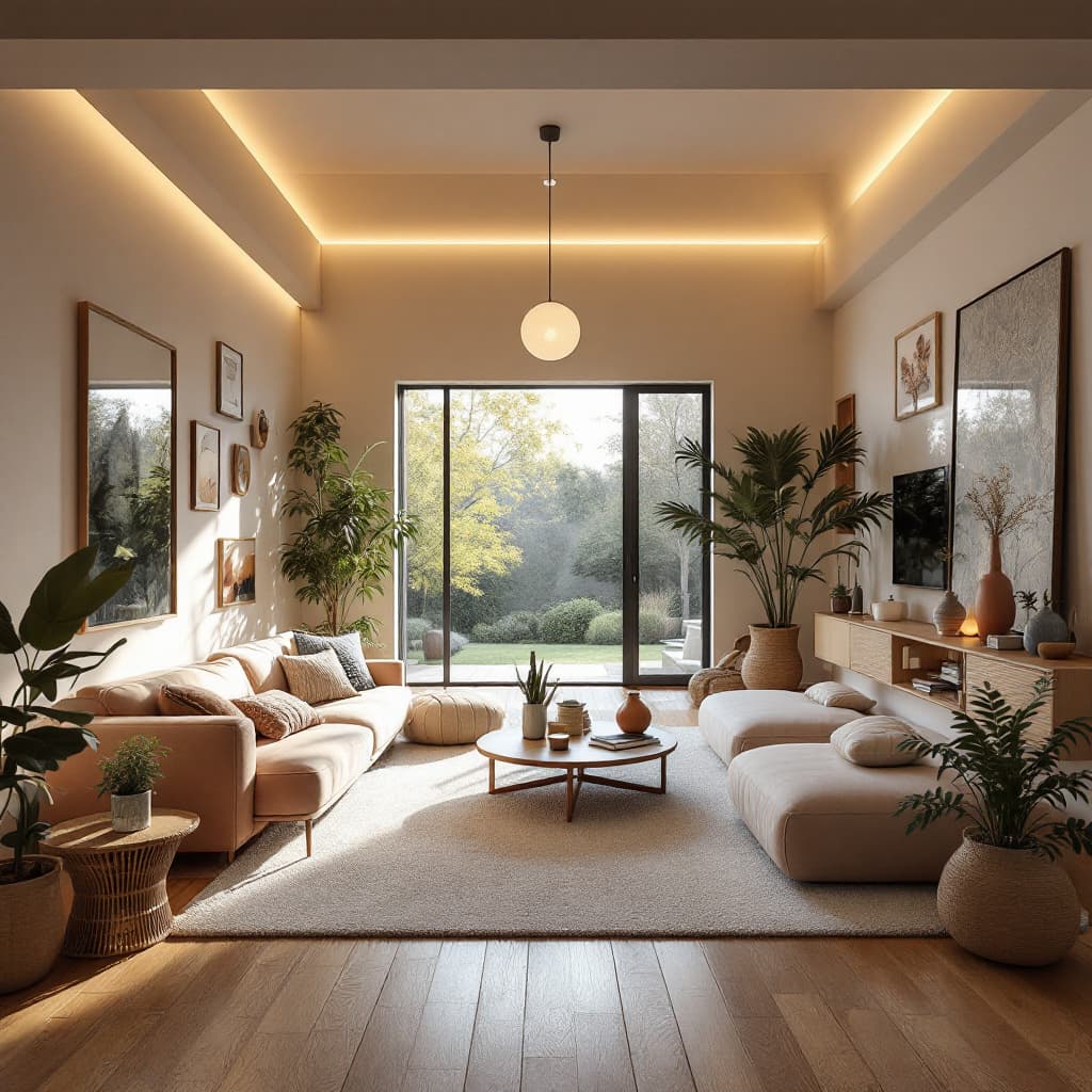 AI generated: High resolution photography interior design, dreamy sunken living room conversation pit, wooden floo...