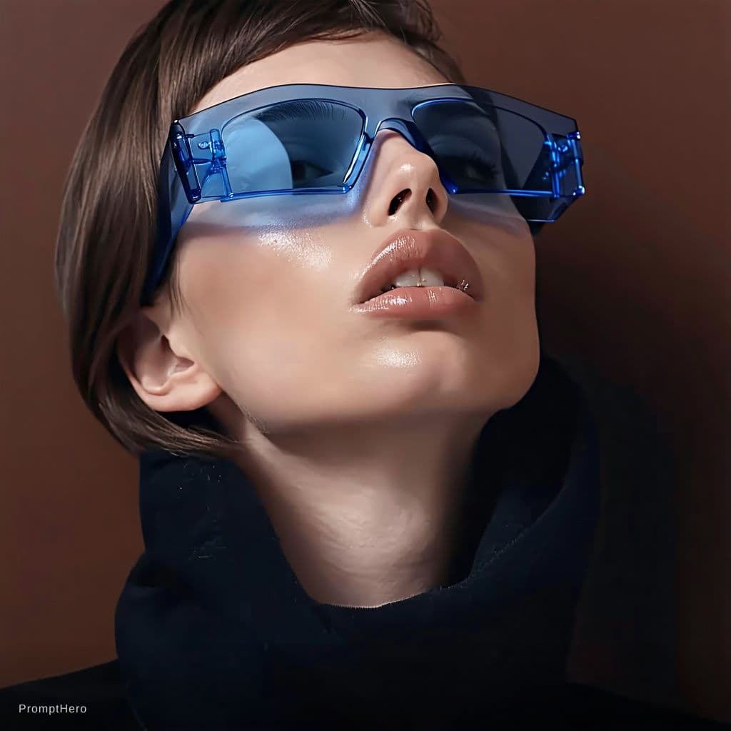 AI generated: Fashion shoot, Jacquemus and Moncler collaboration: dark blue translucent futuristic sunglasses, hyp...