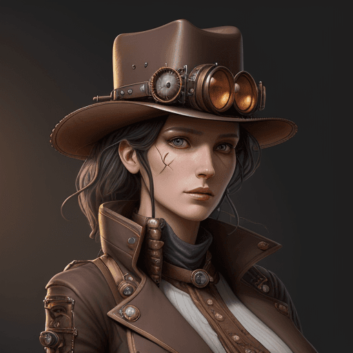 AI generated: a lady in steampunk gear wearing a hat, in the style of vray tracing, eye-catching detail, magali vi...