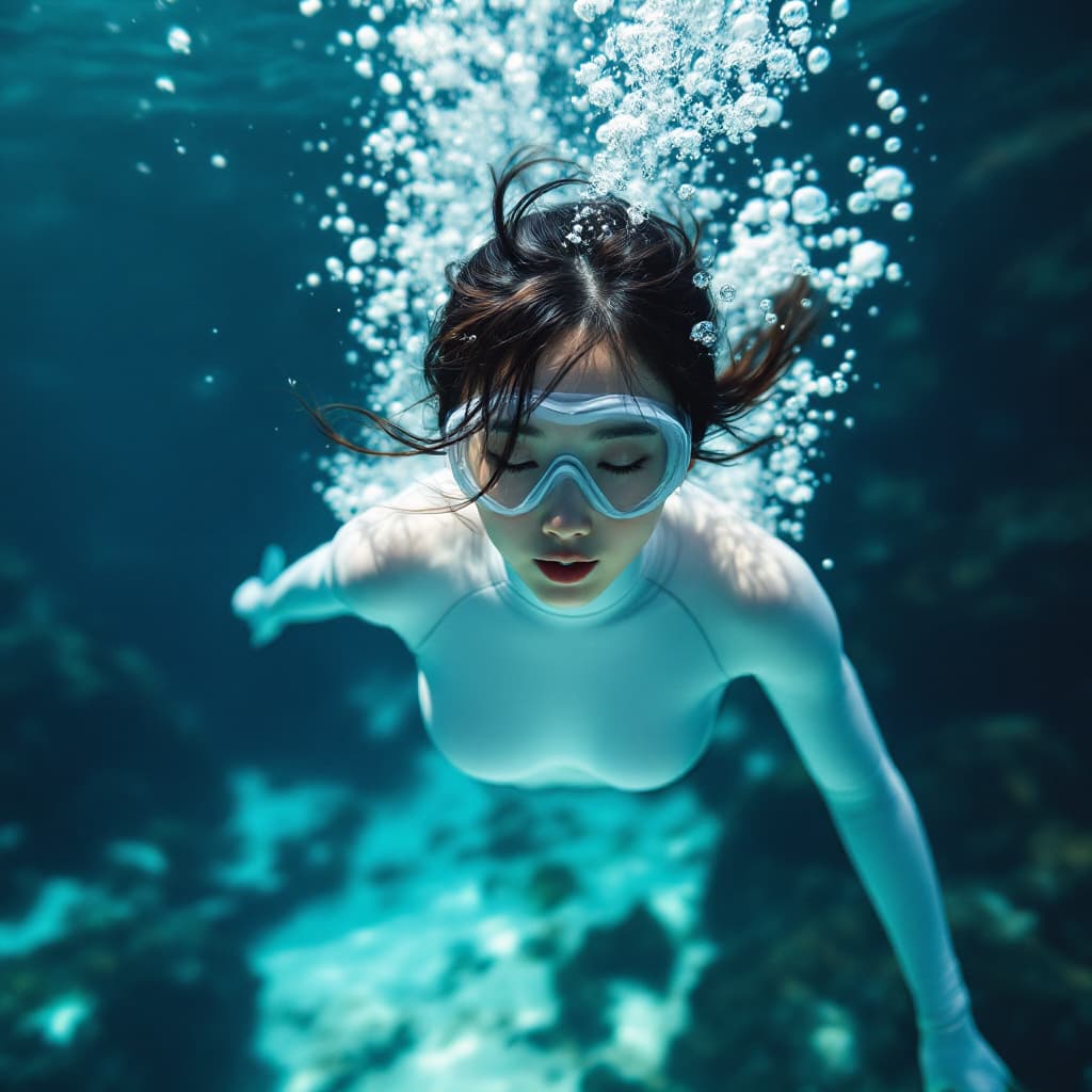 AI generated: High resolution image. A Korean woman swims underwater in a white freediving suit.