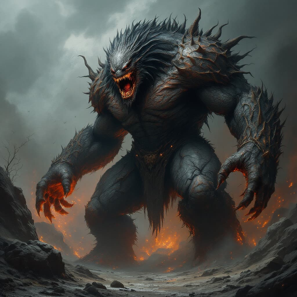 AI generated: giant monster, darkness, agressive pose :: epic emotional, rage, anger, power, tribal darkfantasy