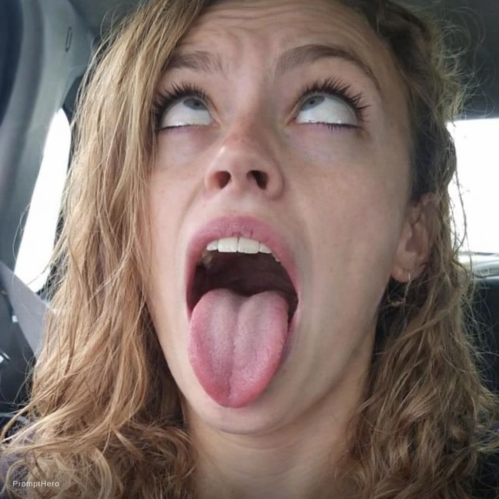 AI generated: eyes rolled out, up. tongue out and mouth open. face in tension. she is looking at the sky