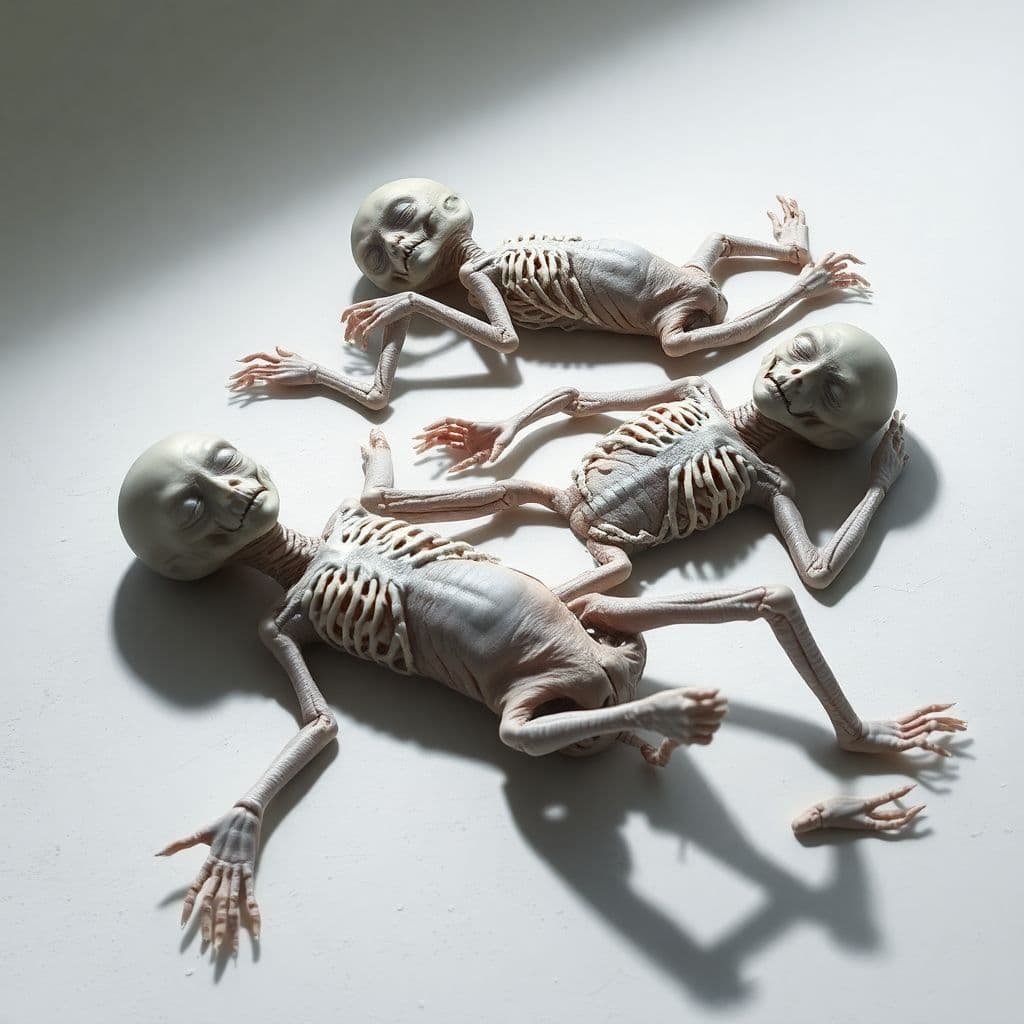 AI generated: Ultra-realistic, emaciated, very pale white alien beings, around 2 to 4 feet long, lying on a stark ...