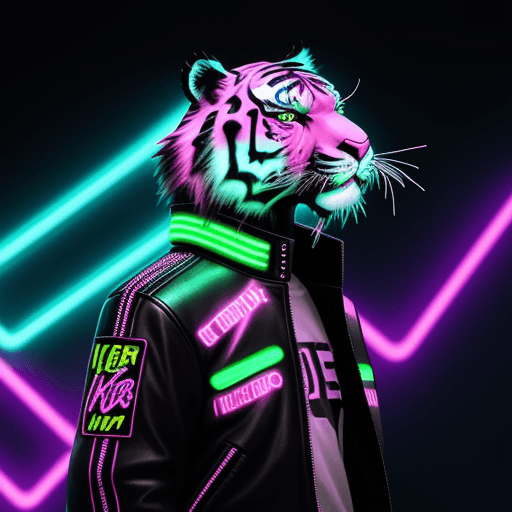 AI generated: Futuristic tiger wearing a punk jacket, coloful neon background lights