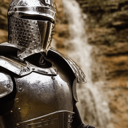 AI generated: Roman knight in Spartan armor close-up, in the Amazon River Gorge, against a waterfall, 8k ultra rea...