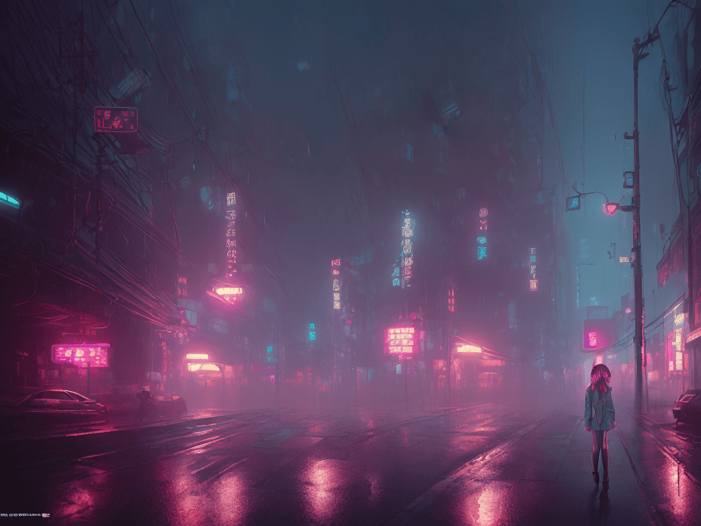AI generated: necromance girl, rainy foggy cyberpunk city neo tokyo, cinematic lighting, reflections, 4k, hyperrea...