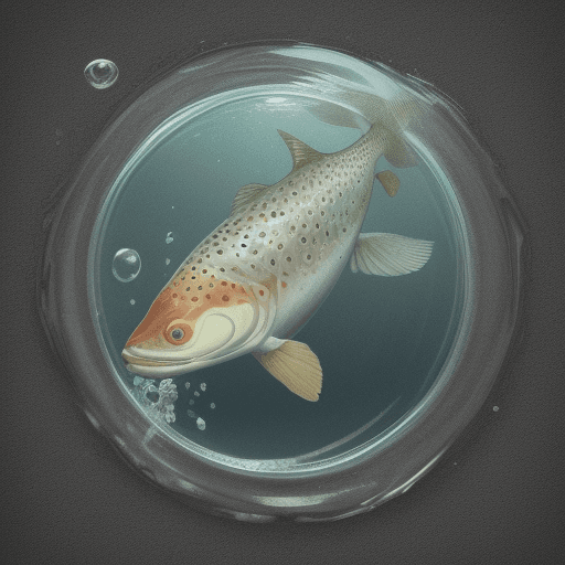 AI generated: in the water, a fish Trout eats bait - a worm, worm is alive - with a face, eyes and a smile. The la...
