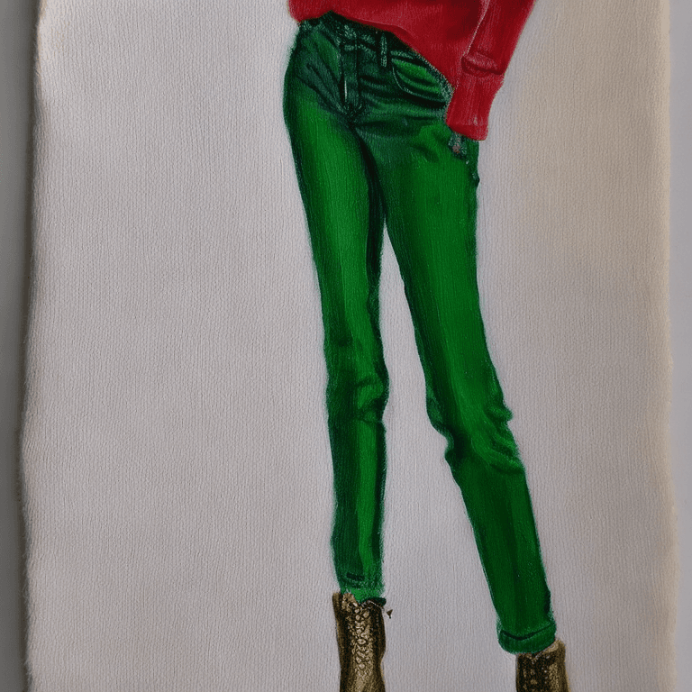 AI generated: A painting of a beautiful woman,Christmas green jeans,  Artist: {randomly selected}
