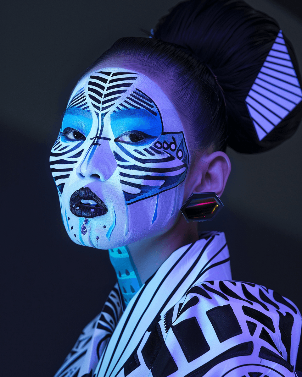 AI generated: Photo of an Asian woman with white skin and blue face paint, adorned in futuristic attire featuring ...