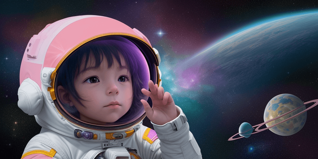 AI generated: A child thinking and dreaming of going to space, the image should be two-dimensional and like childr...