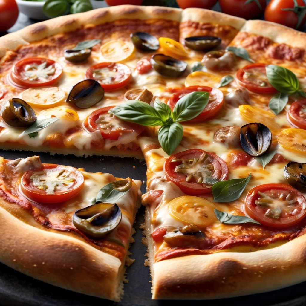 AI generated: epic realistic, roast pizza with tomato, food art, realistic render, dramatic lighting masterpiece, ...
