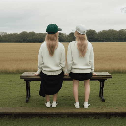 AI generated: a couple of women sitting on top of a wooden bench, showing the back of a white 6-panel cloth cap in...