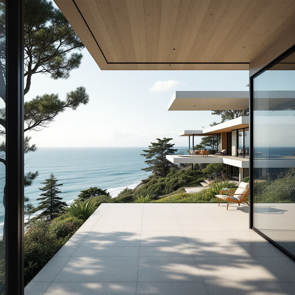 AI generated: Hyper realistic eye level exterior photo of a mid century modern style house overlooking the ocean, ...