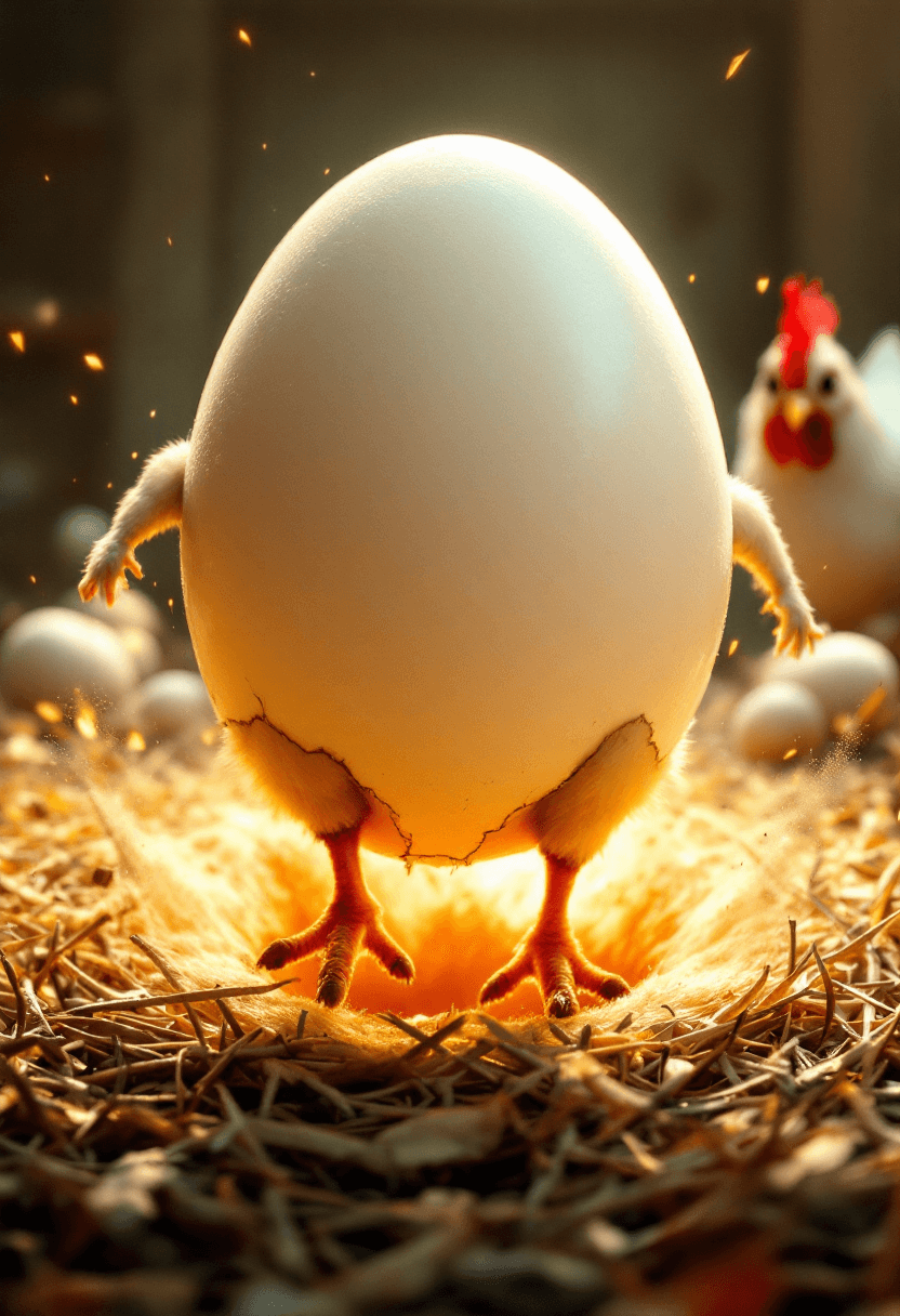 AI generated: A hyper-realistic cinematic poster-style image of a large white egg with two small chicken legs burs...