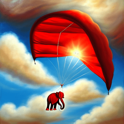 AI generated: Falling elephant attached to one red parachute amidst sunny clouds.
Style: oil painting