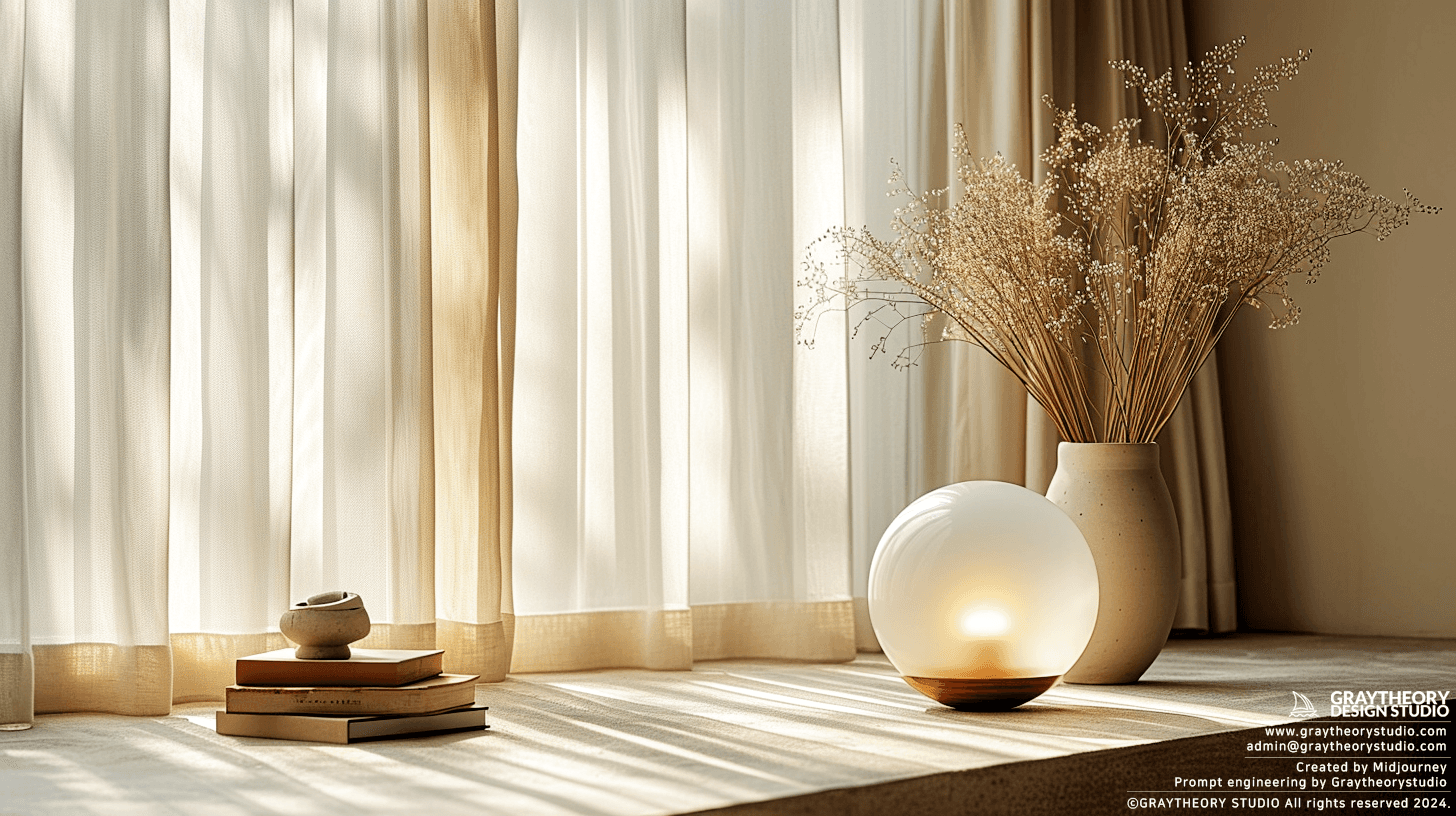 AI generated: Capture the minimalistic of a tabletop lamp with a white ceramic base, Fujifilm GFX 100S, GF 80mm f/...