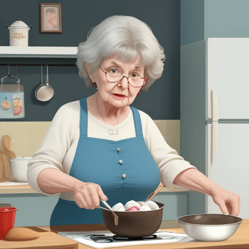 AI generated: a grandmother, cooking, ice cream, advises, book, grandson, short dark hair, simple, in the style of...