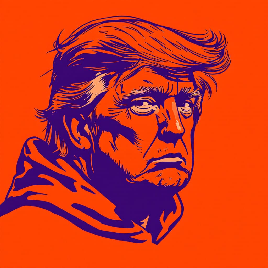 AI generated: duo tone graphic design, three-quarter view of a Trump, deep purple outline on neon orange backgroun...