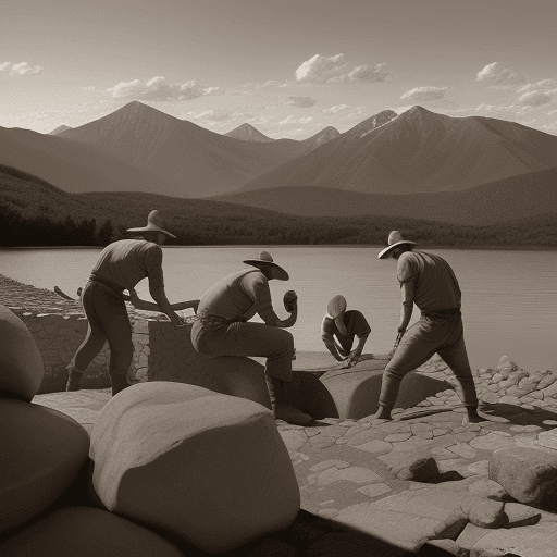 AI generated: Sepia tone photo showing four men creating a wall out of huge and very heavy square rocks, to constr...