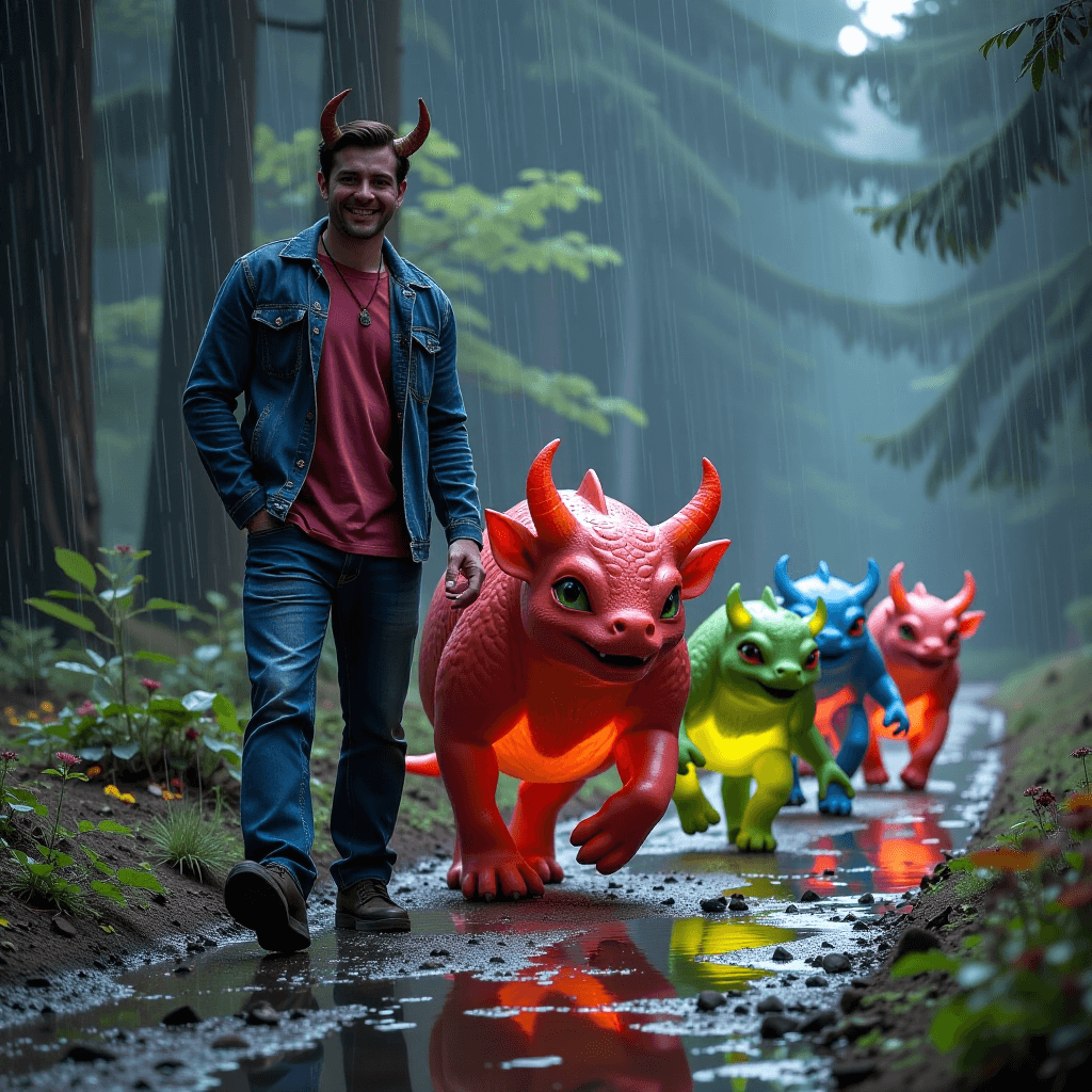 AI generated: The smiling devil in jeans leading a parade of glowing, bio-morphic woodland creatures through the r...