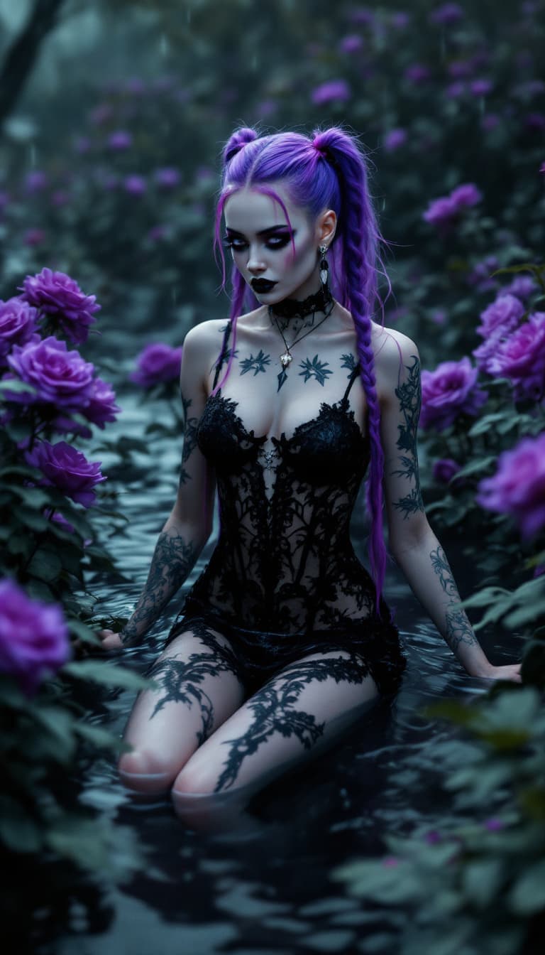 AI generated: A realistic, head to toe photo a fit, thin, perfect body, very pale female swimming in a field of bl...