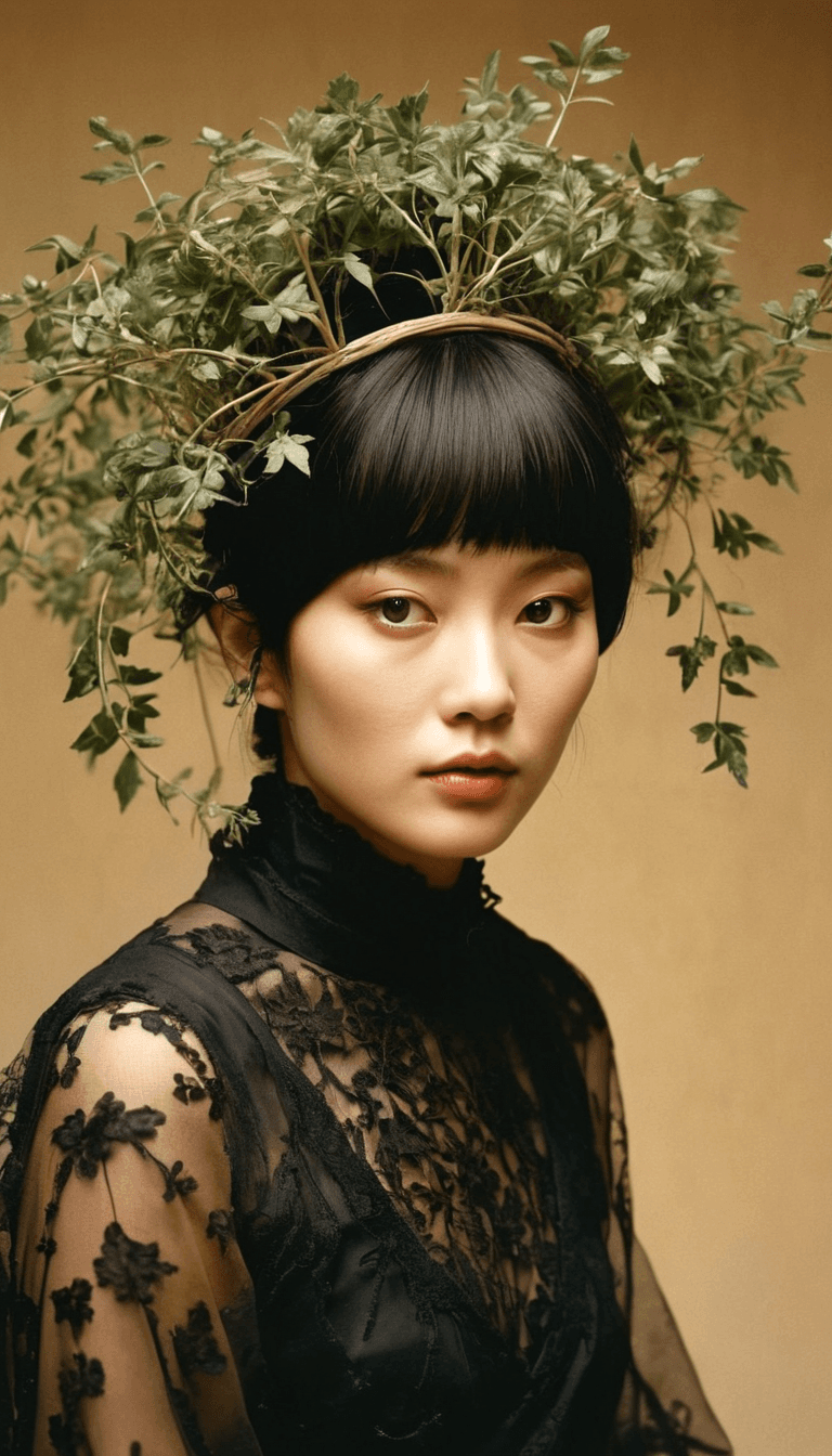 AI generated: A fashion editorial, a close portrait of a young asian woman in black lace dress with wreath of leav...