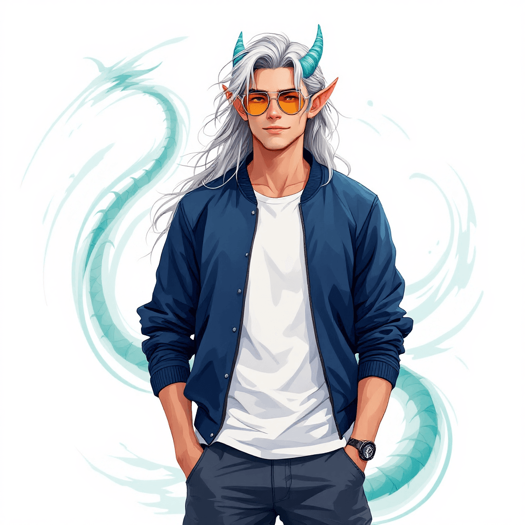 AI generated: A light-skinned, young male elf with blueish green horns, positioned slightly off-center to the left...