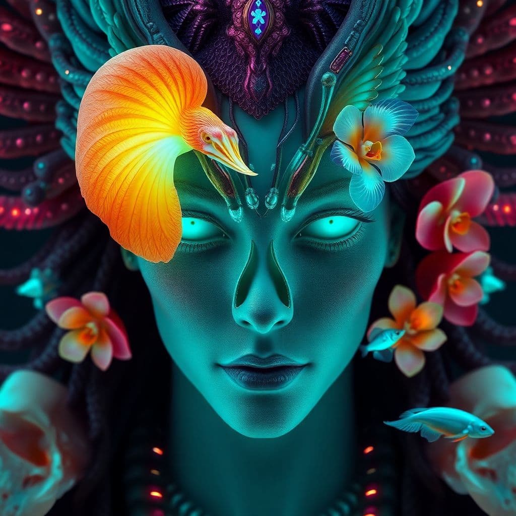 AI generated: Goddess close-up portrait ribcagel. jellyfish phoenix head, nautilus, orchid, skull, betta fish, bio...