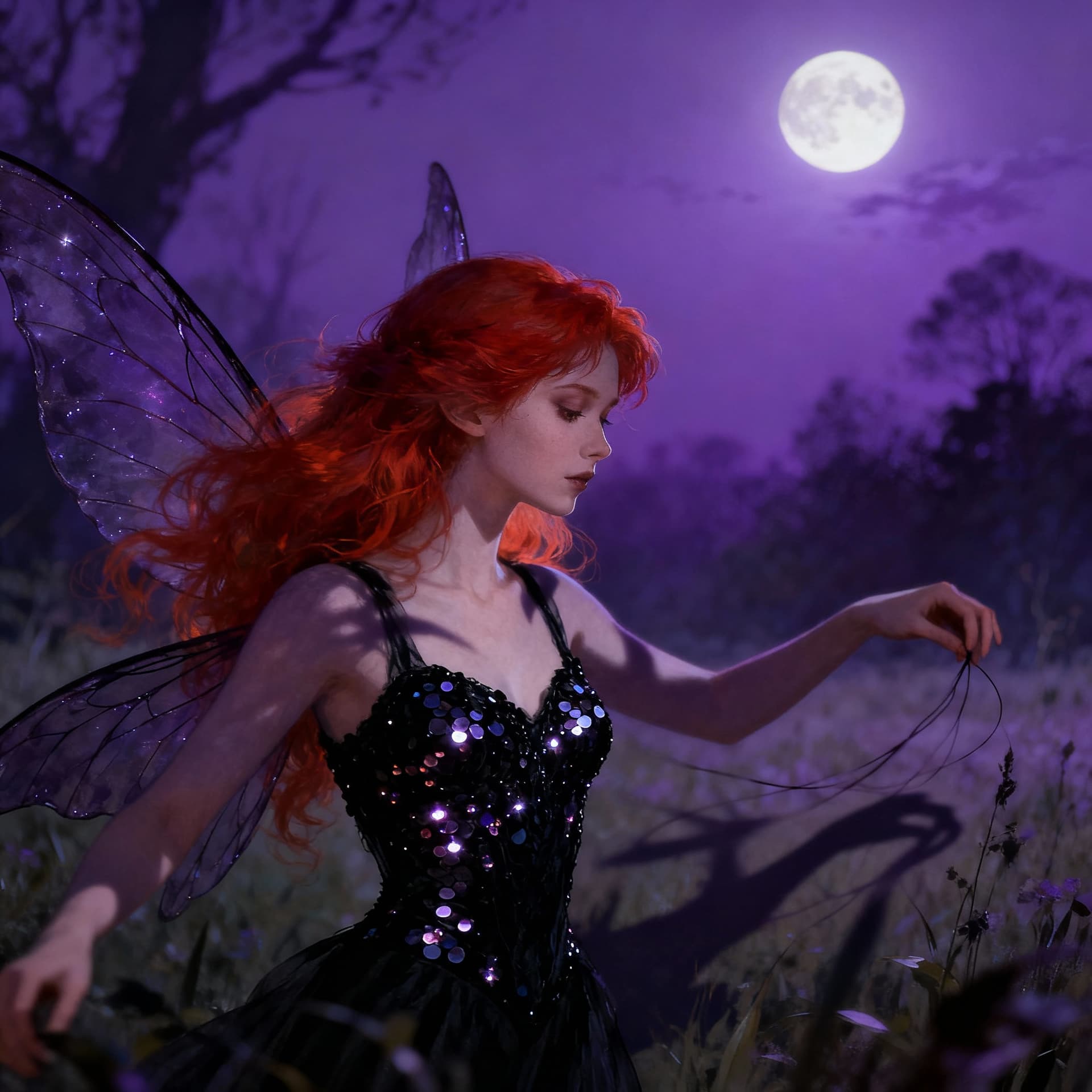 AI generated: A beautiful fairy with fiery red hair and black sequined bodice weaving shadows in a moonlit glade, ...