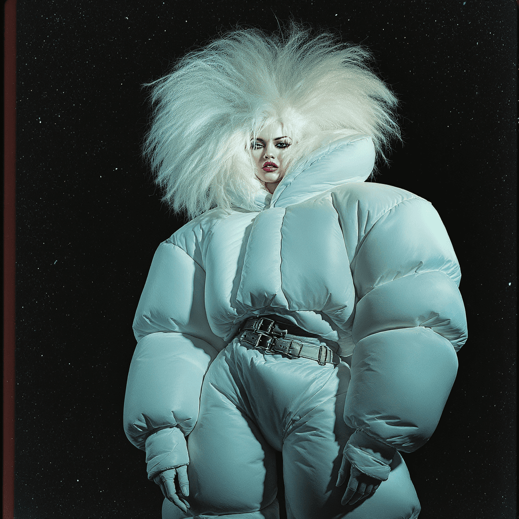 AI generated: futuristic fashion shoot, female model, big white hair, white inflatable streetstyle clothes, outrag...
