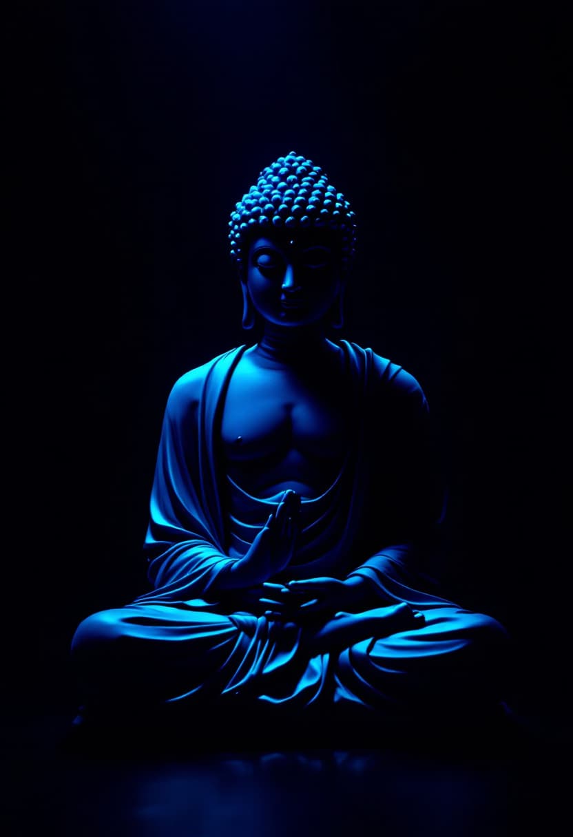 AI generated: vaporwave style, neon blue statue of a lord buddha with curly hair sitting on a black background, da...