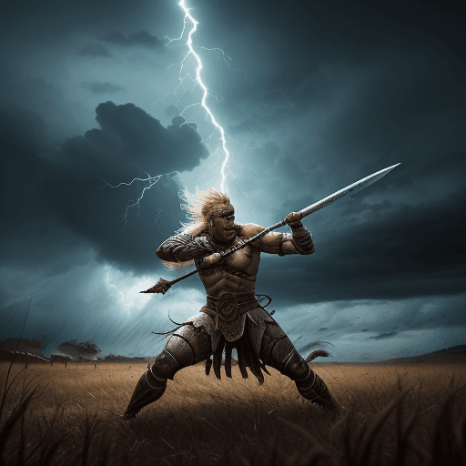 AI generated: Photo of a ultra realistic warrior with a lightning spear in a battle stance. beautiful scene in a f...