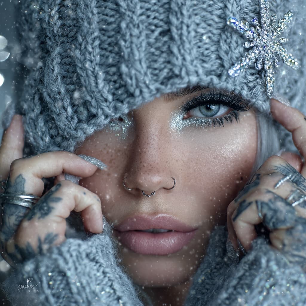 AI generated: ultra-detailed icy Christmas portrait of a glamorous winter beauty wearing a chunky grey knit beanie...