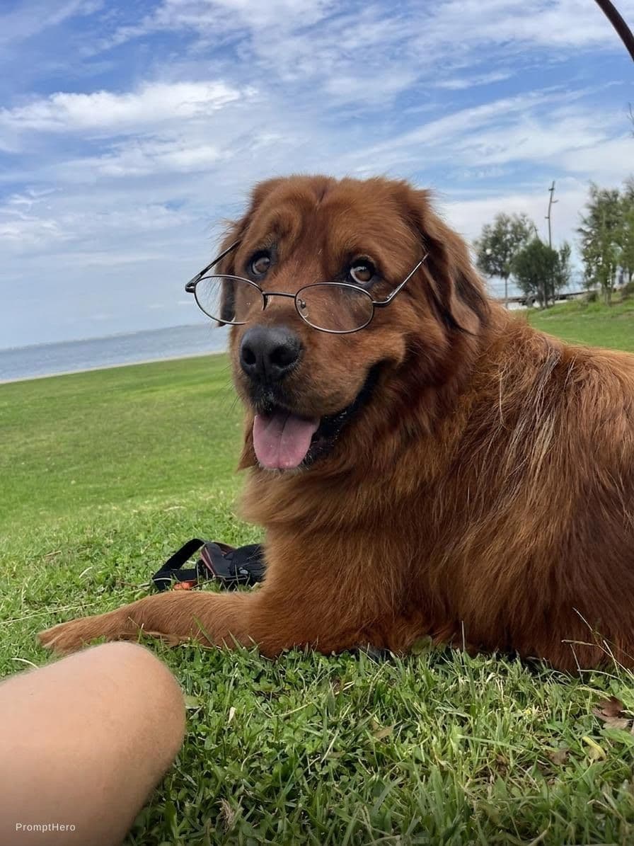AI generated: Give this dog glasses on his nose, looking just over the top of the glasses