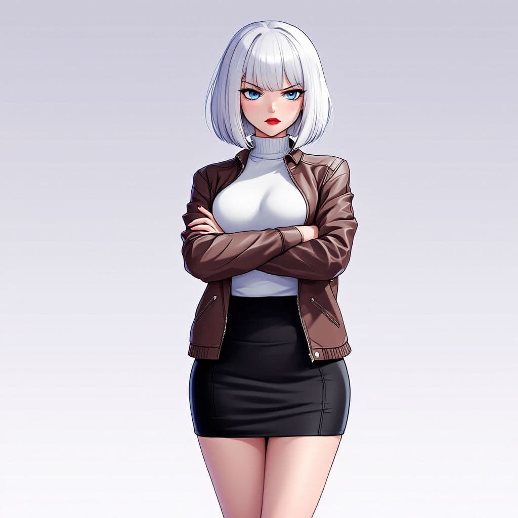 AI generated: anime, woman, white hair, bob cut, straight bangs, blue eyes, red lips, white sweater, tight sweater...