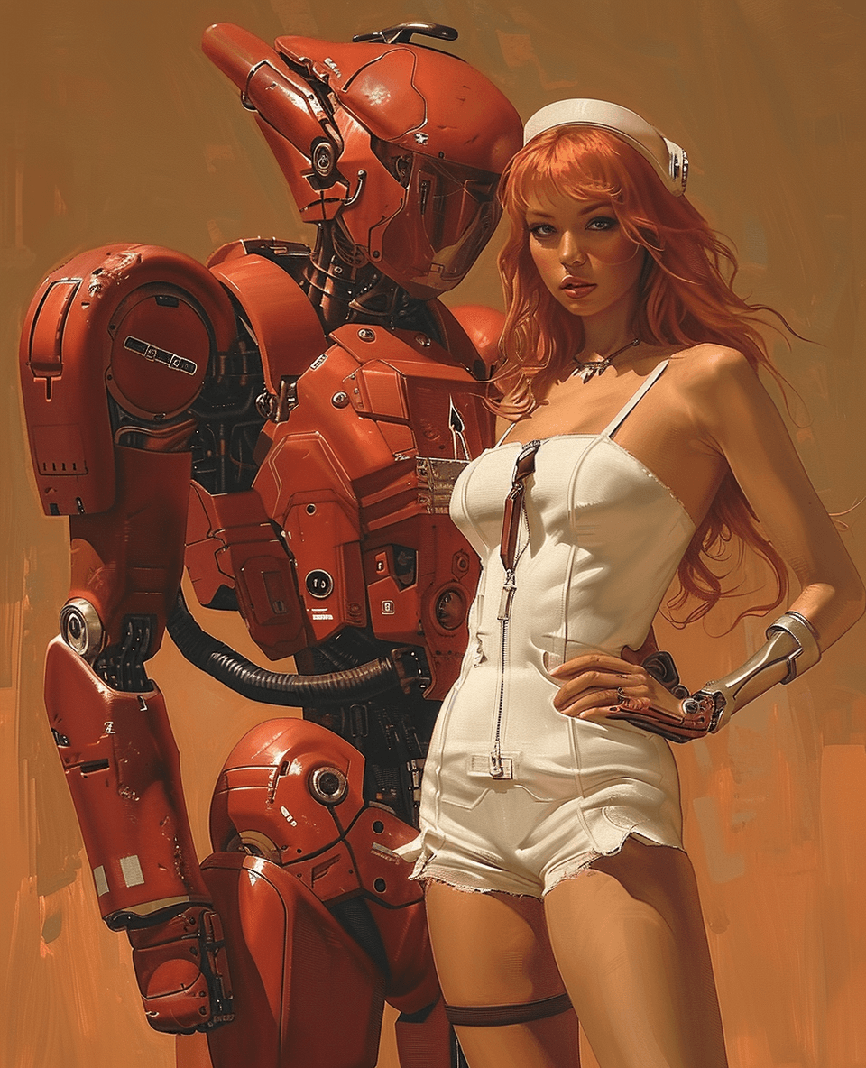 AI generated: A red robot with humanlike male facial features stands next to an attractive woman in her thirties, ...
